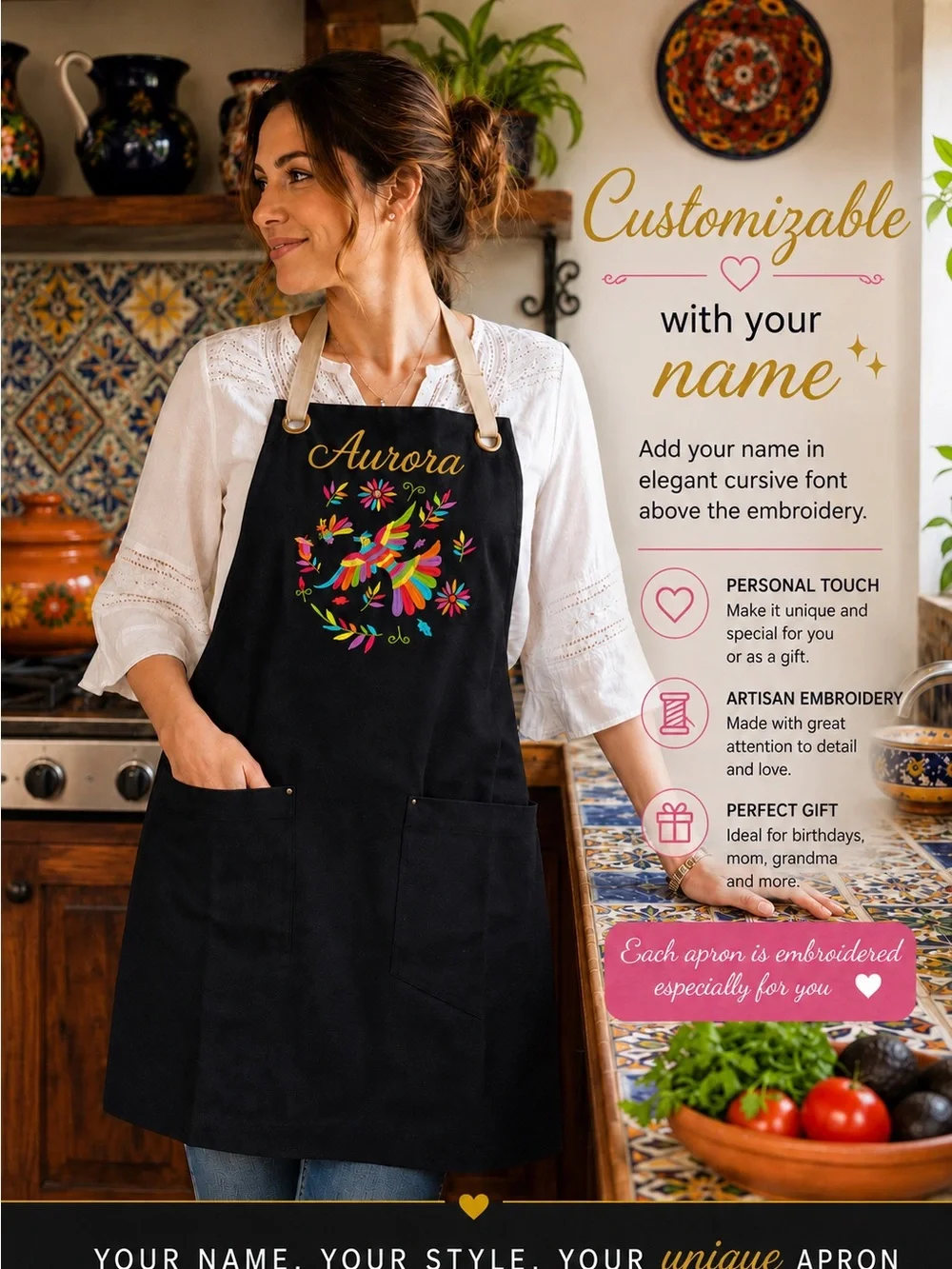 Black Apron with Colorful Embroidered Bird and Floral Design